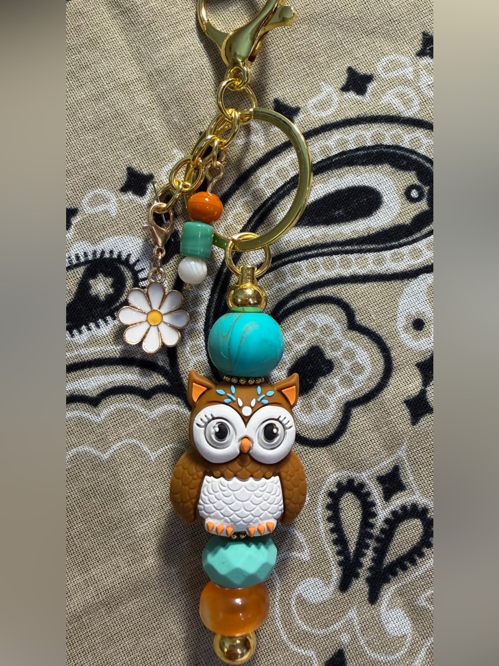Cute Owl Pendant Beaded keychain charm - Brown & Turquoise